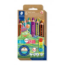 Staedtler Noris Junior Pack de 6 Lapices de Colores Extragruesos Duo + Sacapuntas - 3 en 1, Lapiz, Cera y Acuarelable - 2 Colores en cada Lapiz - Colores Surtidos
