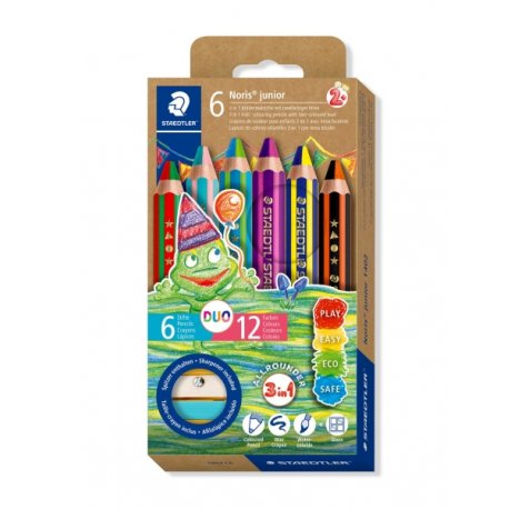 Staedtler Noris Junior Pack de 6 Lapices de Colores Extragruesos Duo + Sacapuntas - 3 en 1, Lapiz, Cera y Acuarelable - 2 Colores en cada Lapiz - Colores Surtidos