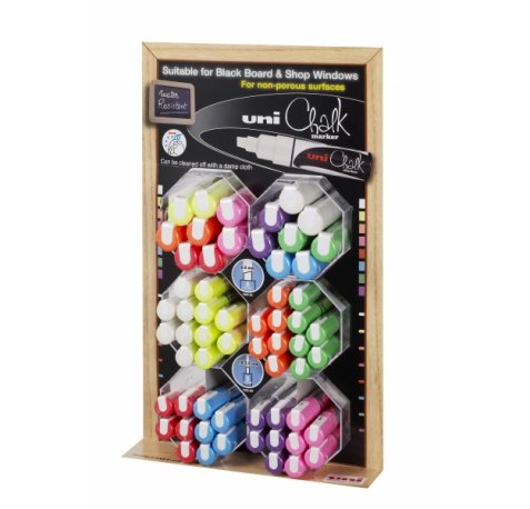 Uni-ball PWE-5M/8K Expositor de 60 Marcadores de Tiza Liquida - Punta Biselada 8mm - Borrado en Humedo - Resistente a la Lluvia - Color Surtido (60 uds)