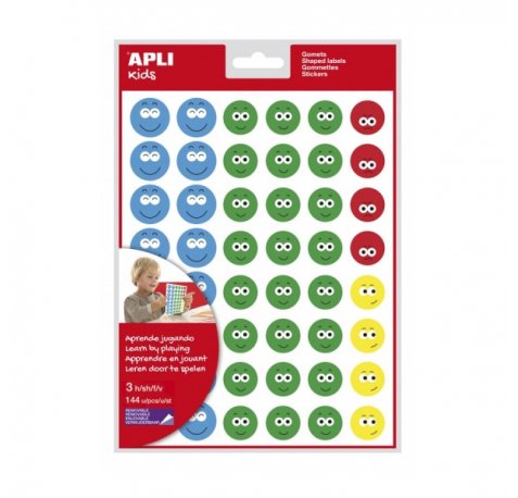 Apli Bolsa de Gomets Cara Feliz II - Adhesivo Removible - 144 Gomets - 4 Estilos de Caras - Fomenta Expresion Emocional - Alta Calidad y Seguridad