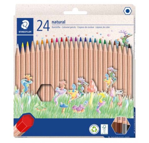 Staedtler Noris Natural Pack con 24 Lapices de Colores Hexagonales - Madera Certificada FSC - Cuerpo de Color Madera Natural