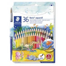 Staedtler Noris Aquarell Pack de 36 Lapices Hexagonales de Colores + Pincel - Refuerzo de Mina para Mayor Resistencia a la Rotura - Madera de Bosques Sostenibles - Colores Surtidos