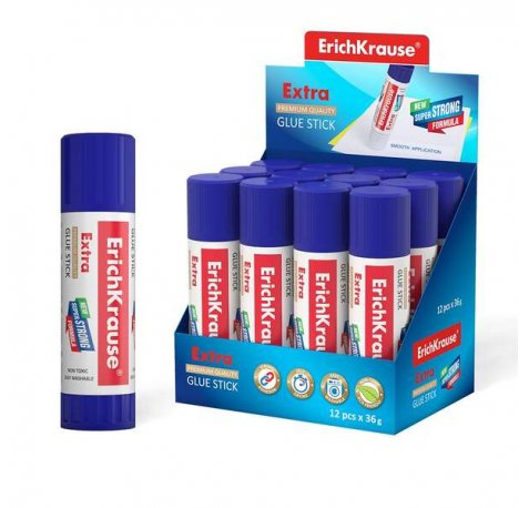 Erichkrause Pegamento en Barra Extra - Formula Super Fuerte en Base a PVP - Consumo Economico - Adhesion Rapida y Fiable - Facil de Lavar con Agua - No Toxico - sin Solventes - Resistente al Frio - Ideal para Papel, Carton y Tela - Color Blanco (12 uds)