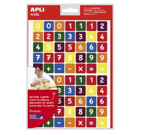 Apli Bolsa de Gomets Tematicos los Numeros - 210 Gomets en 3 Hojas - Adhesivo Removible - Aprendizaje de Numeros y Calculo Mental - Adhesivo Base Agua - Libre de Disolventes - Color Variado (5 uds)