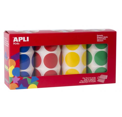 Apli Gomets Redondos Ø 33mm - Pack de 4 Rollos con 2832 Gomets - Adhesivo Permanente - Ideal para Desarrollar Habilidades en Guarderias
