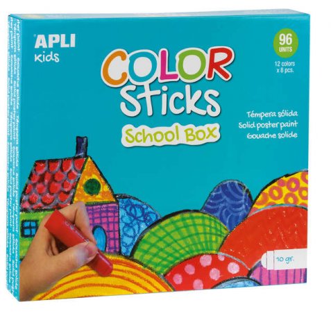 Apli Color Sticks Temperas Solidas - Caja de 96 Unidades de 10g - Colores Surtidos Ideales para Escuelas y Colectivos - Acabado Satinado y Secado Rapido en Menos de 3 Minutos - Flexible y sin Disolventes