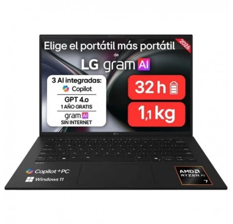 LG Gram 14Z95U-G.AU85BN Portatil 14" AMD Ryzen AI 7 450 - 32GB DDR5 - 512GB SSD - Windows 11 Home - Color Negro - Teclado QWERTY (ES)