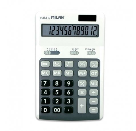 Milan Calculadoras de 12 Digitos - 3 Teclas de Memoria - Calculo de Margenes - Raiz Cuadrada - Apagado Automatico - Color Blanco y Gris