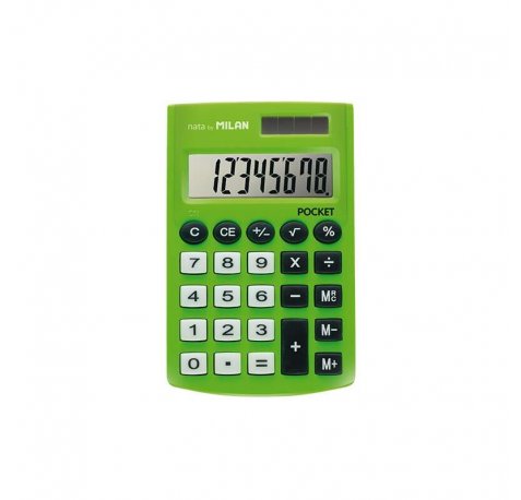 Milan Pocket Digitos Calculadora 8 - Calculadora de Bolsillo - Tacto Suave - 3 Teclas de Memoria y Raiz Cuadrada - Color Verde