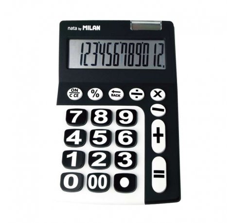 Milan Calculadora de 12 Digitos Extra Grande - Tecla de Rectificacion de Entrada de Datos - Color Negro y Blanco