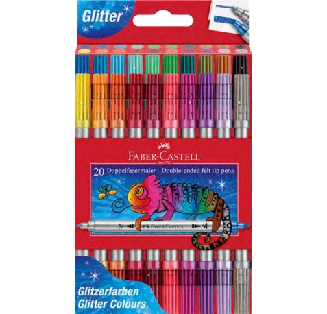 Faber-Castell Glitter Pack con 20 Rotuladores Doble Punta - Punta Gruesa y Fina - Tinta con Efecto de Purpurina - Tinta a Base de Agua - Colores Surtidos