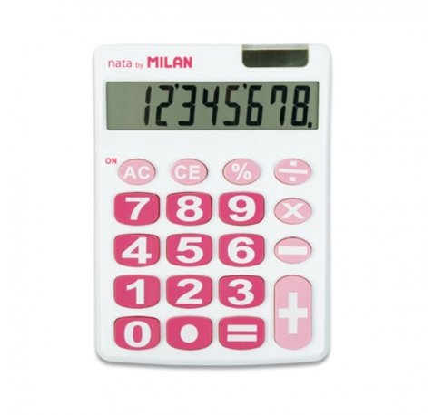 Milan Nata Calculadora de Sobremesa 8 Digitos - Teclas Grandes - Apagado Automatico - Color Blanco y Rosa