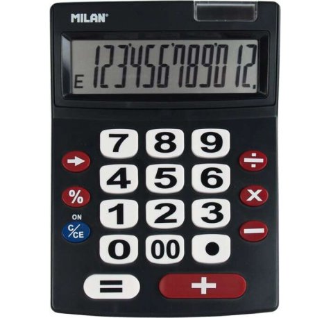Milan Calculadora 12 Digitos Extra Grande - Teclas Grandes - Tecla Rectificacion Entrada de Datos - Apagado Automatico - Color Negro