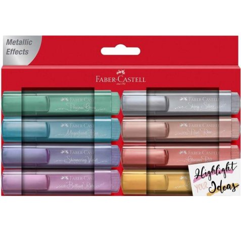 Faber-Castell Textliner 46 Metallic Pack de 8 Marcadores Fluorescentes - Punta Biselada - Trazo entre 1mm y 5mm - Tinta con Base de Agua - Colores Surtidos