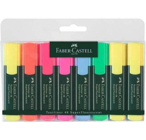 Faber-Castell Textliner 48 Pack de 8 Marcadores Fluorescentes - Punta Biselada - Trazo entre 1.2mm y 5mm - Tinta con Base de Agua - Colores Surtidos