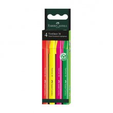 Faber-Castell Textliner 38 Pack de 4 Marcadores Fluorescentes - Cuerpo Fino - Punta Biselada - Trazo Grueso y Fino - Tinta con Base de Agua - Colores Surtidos