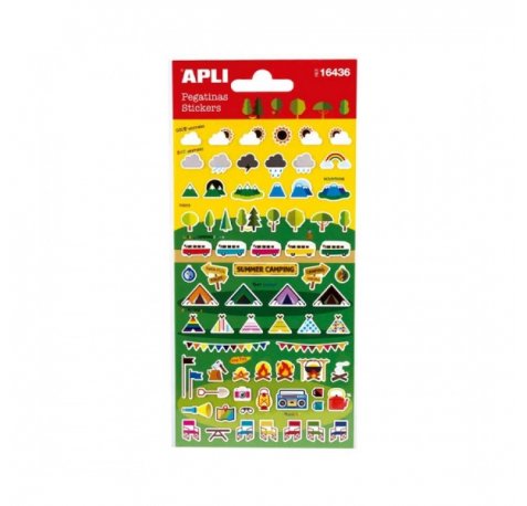 Apli Bolsa de Pegatinas de Camping - Acabado Mate - Adhesivo Permanente - Ideal para Scrapbooking y Decoracion - Fomenta Creatividad y Psicomotricidad Infantil