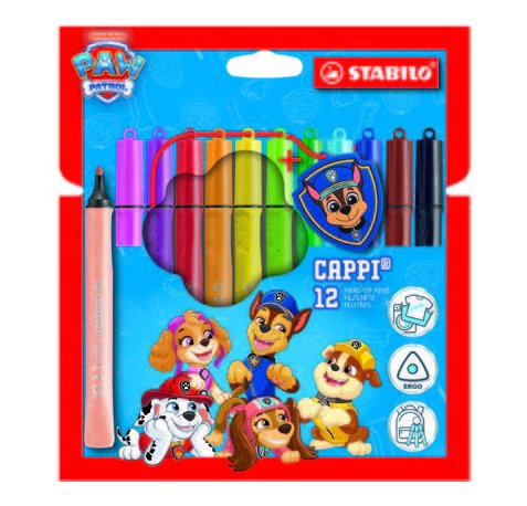 Stabilo Cappi Patrulla Canina Pack con 12 Rotuladores - Trazo de 1mm aprox. - Anilla en el Tapon - Incluye Insignia de Chase - Colores Surtidos