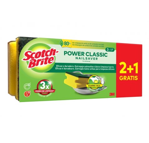 Scotch-Brite Classic Pack de 3 Estropajos de Cocina - Proteccion para los Dedos - Promocion 2 + 1 Gratis - Color Amarillo