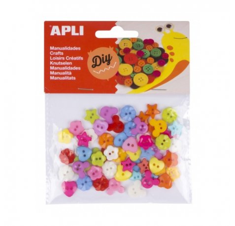Apli Pack de 60 Botones de Plastico Surtidos - Formas Diversas - Ideales para Costura y Manualidades - Colores Surtidos