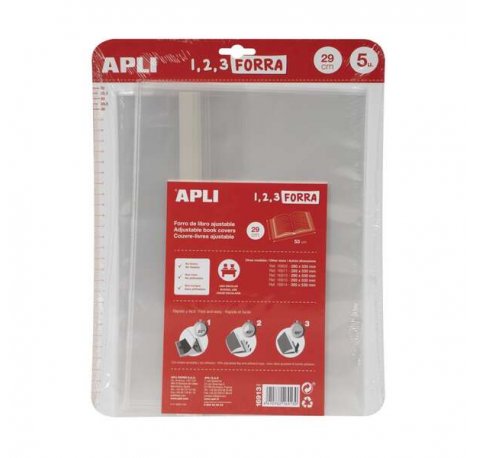 Apli Pack de 5 Forros de Libro con Solapa Ajustable 290mm - PP - Forra en 3 Pasos