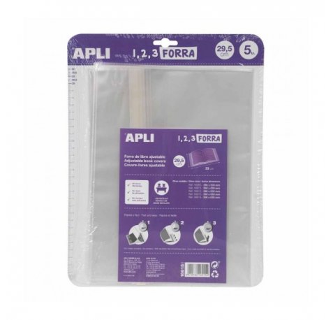Apli Pack de 5 Fundas Transparentes de Polipropileno - Solapa Autoajustable - Facil Forrado en 3 Pasos - Sin Necesidad de Cortar ni Usar Cinta Adhesiva