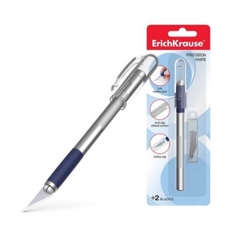 Erichkrause Cuchillo de Papeleria - Cuchillos de Precision para Cortes de Papel - Cuerpo Metalico con Agarre de Goma - Cuchilla Segmentada de Acero Resistente al Desgaste - Resistente a La Corrosion - Blister 1 Ud - Color Plateado