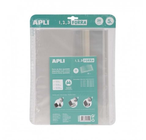 Apli Pack de 5 Fundas Transparentes de Polipropileno - Solapa Autoajustable - Facil Forrado en 3 Pasos - Sin Necesidad de Cortar ni Usar Cinta Adhesiva