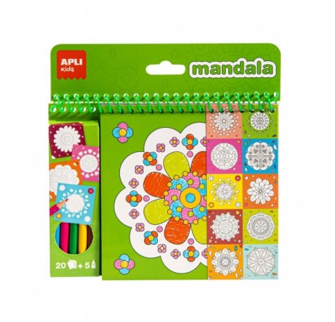 Apli Bloc de Dibujos con Mandalas y Lapices de Colores - 20 Paginas - 5 Lapices - Ideal para Viajes - Estimula Creatividad y Concentracion