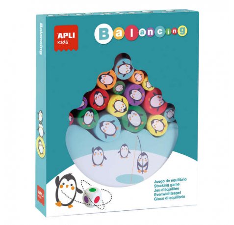 Apli Juego de Equilibrio de Pingüinos - 16 Piezas de Madera de Alta Calidad - Base en Forma de Iceberg - Dado con Colores - 3 Tamaños de Pingüinos - Mejora Habilidades Motoras, Memoria, Creatividad y Concentracion