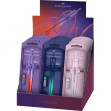 Faber-Castell Stream 2026 Flow Edition Expositor con 15 Compases Escolares de Ajuste Rapido - Circunferencias de hasta Ã? 340mm - Incluye Bote de Minas - DiseÃ±o Atractivo con Degradado de Color - Colores Surtidos