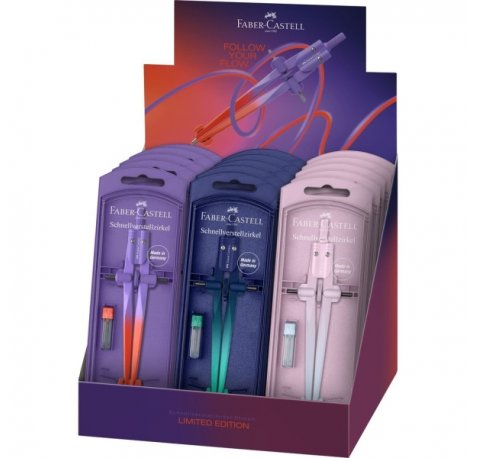 Faber-Castell Stream 2026 Flow Edition Expositor con 15 Compases Escolares de Ajuste Rapido - Circunferencias de hasta Ã? 340mm - Incluye Bote de Minas - DiseÃ±o Atractivo con Degradado de Color - Colores Surtidos