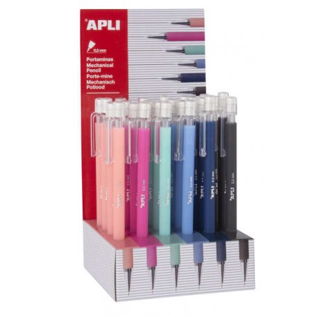 Apli Expositor Portaminas Soft Nordik - 05mm - Colores Salmon, Rosa, Turquesa, Azul, Azul Marino y Negro - Capuchon con Tapon Transparente y Goma de Borrar - 24 Unidades