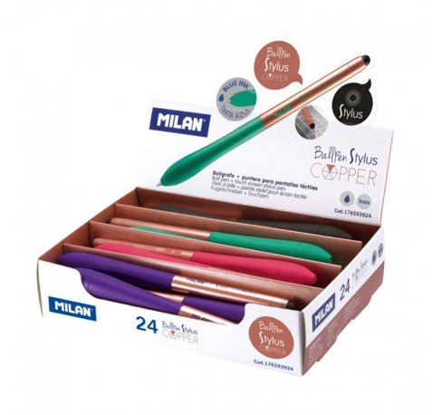 Milan Stylus Copper Expositor de 24 Boligrafos de Bola Retractiles - Punta 1mm - Puntero para Pantalla Tactil - Cuerpo de Colores Surtidos - Color de Tinta Azul