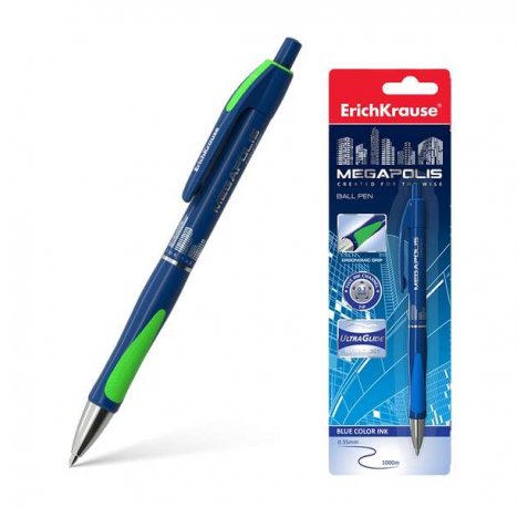 Erichkrause Megapolis Concept - Boligrafo Automatico Recargable - Cuerpo Satinado con Agarre Ergonomico - Tinta de Secado Rapido - Color Azul