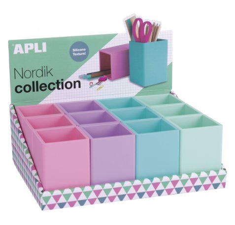 Apli Nordik Expositor de 12 Portalapices Silicona Cuadrados - Medidas 70x70x95mm - Colores Surtidos