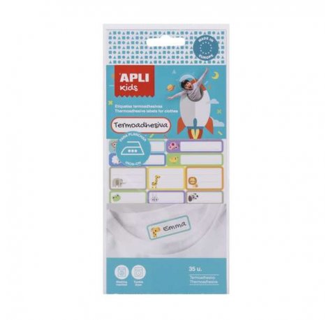Apli Pack de 35 Etiquetas Textiles Termoadhesivas - Resistentes a Lavadora y Secadora - Tamaños Surtidos - Colores Surtidos