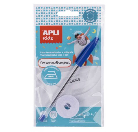Apli Cinta Termoadhesiva para Marcar Ropa - 10mmx2m - 70% Poliester y 30% Algodon - Resistente a Lavadora y Secadora - Facil Uso con Boligrafo Incluido - Color Blanco
