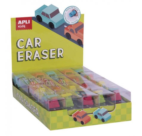 Apli Gomas de Borrar Coche - Expositor con 20 Unidades en 4 Modelos Surtidos - Forma de Coche Que Sirve para Borrar y Jugar - Modelos de Coche, Camion y Dos Excavadoras en Diferentes Colores (20 uds)