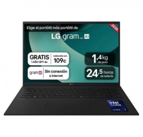 LG Gram 17Z90TL-G.AU88BN Portatil 17" Intel Core Ultra 7 258V - 32GB DDR5 - 1TB SSD - Windows 11 Home - Color Negro - Teclado QWERTY (ES)