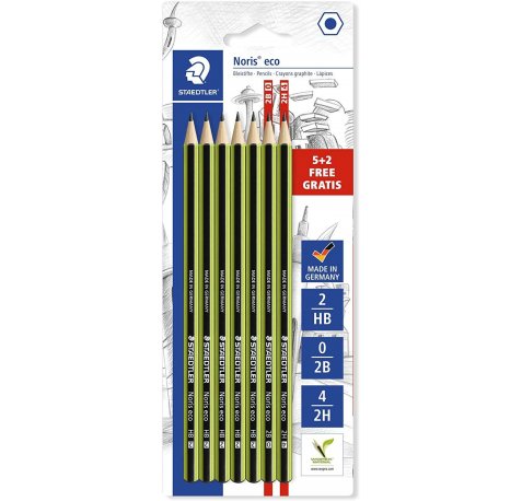 Staedtler Noris Eco Pack de 7 Lapices de Grafito Hexagonales - Graduaciones Surtidas - Superficie Aterciopelada - Mina de Deslizamiento Suave - Resistencia a la Rotura -
