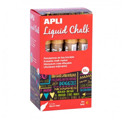 Apli Rotulador de Tiza Liquida Oro - Punta Redonda - Ideal para Pizarras, Plastico, Ventanas, Ceramica, Vinilos, Metal, Etc - Facil de Borrar - Secado Rapido - Uso Sencillo - Base Agua Libre de Toxicos