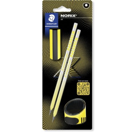 Staedtler Norix Pack de 2 Lapices de Grafito HB + Borrador + Sacapuntas - Madera Negra - DiseÃ±o Inteligente