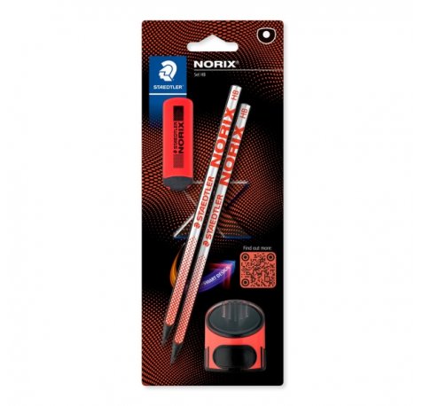 Staedtler Norix Pack de 2 Lapices de Grafito HB + Borrador + Sacapuntas - Madera Negra - DiseÃ±o Inteligente