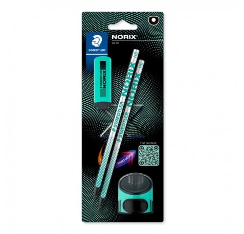 Staedtler Norix Pack de 2 Lapices de Grafito HB + Borrador + Sacapuntas - Madera Negra - DiseÃ±o Inteligente