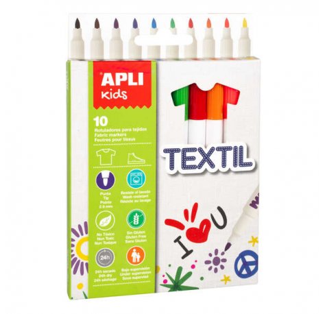 Apli Kids Rotuladores Textil Ø 11x137mm - Cuerpo Cilindrico - Punta Redonda Bloqueada Ø 2.9mm - Capuchon Anti Asfixia - No Toxicos ni Gluten - Larga Duracion - Resistente al Lavado - Ideal para Todo Tipo de Tejidos