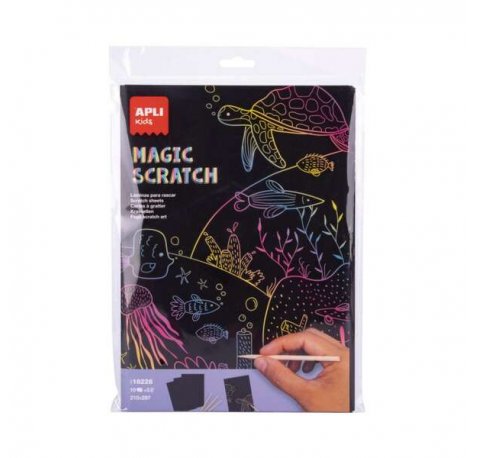 Apli Magic Scratch Laminas para Rascar - Tamaño A4 - 10 Hojas, 5 Herramientas - Distintos Colores de Fondo