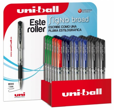 Uni-ball Signo Broad UM-153/3D Expositor de 36 Rollers de Tinta Gel - Punta de Bola 1mm - Trazo Estilo Pluma - Sujecion de Caucho - Color Surtido (36 uds)