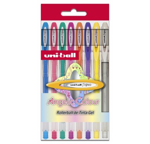 Uni-ball Signo Angelic Pack de 8 Rollers de Tinta Gel - Punta de Bola 0.7mm - Tinta Resistente al Agua y Luz - Escribe en Papel Negro y Blanco - Colores Surtidos