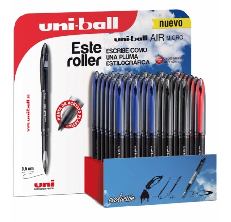 Uni-ball Air Micro 188 Expositor de 36 Rollerballs - Punta de Acetato Plastico 0.5mm - Escribe como Pluma Estilografica - Tinta Pigmentada Resistente al Agua y Luz - Colores Surtidos